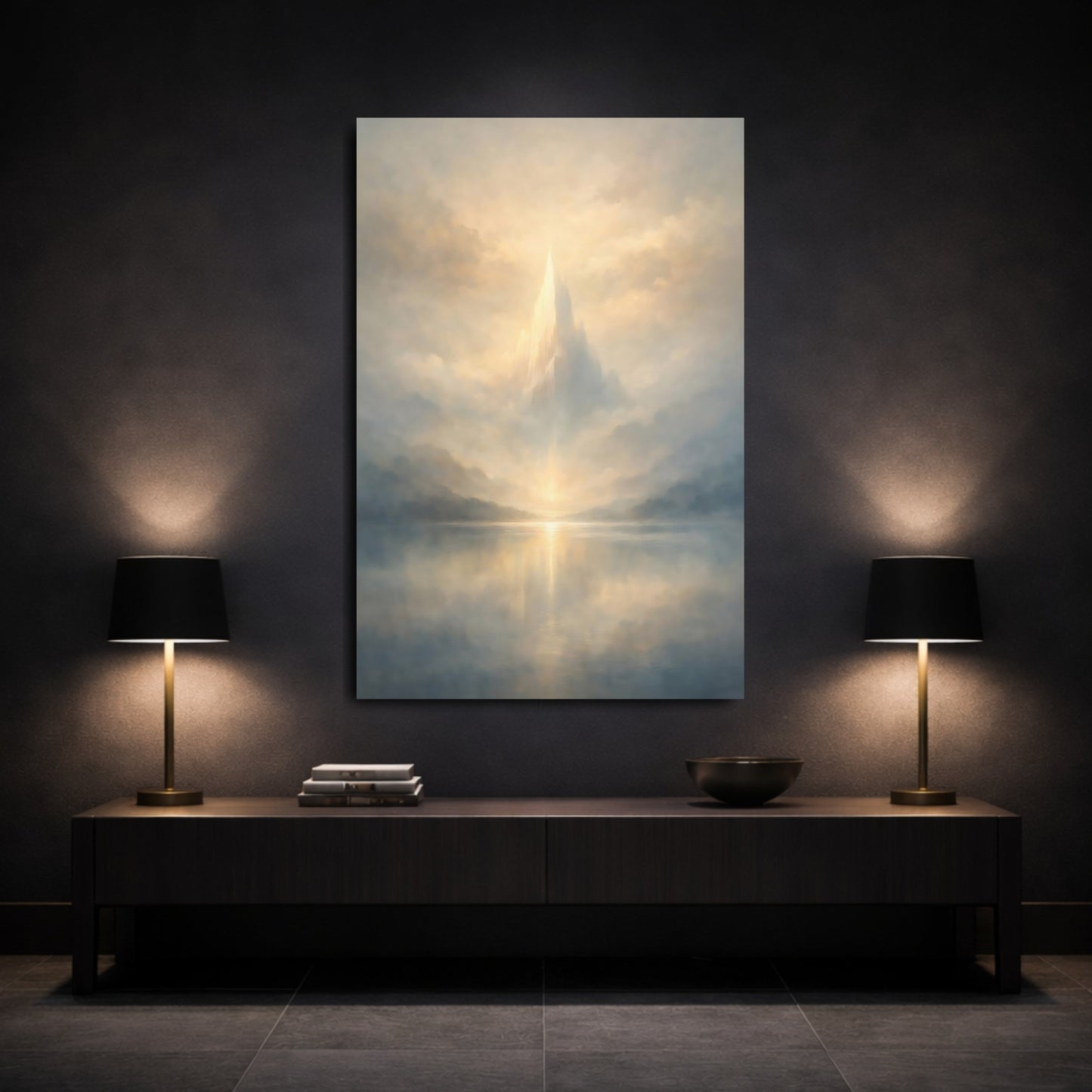 Nature Ethereal Mountain Golden Mountain Lake shown as front canvas room wall art