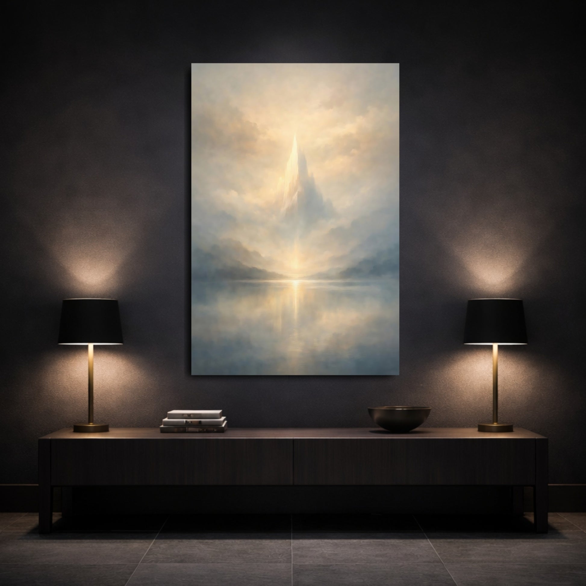 Nature Ethereal Mountain Golden Mountain Lake shown as front canvas room wall art