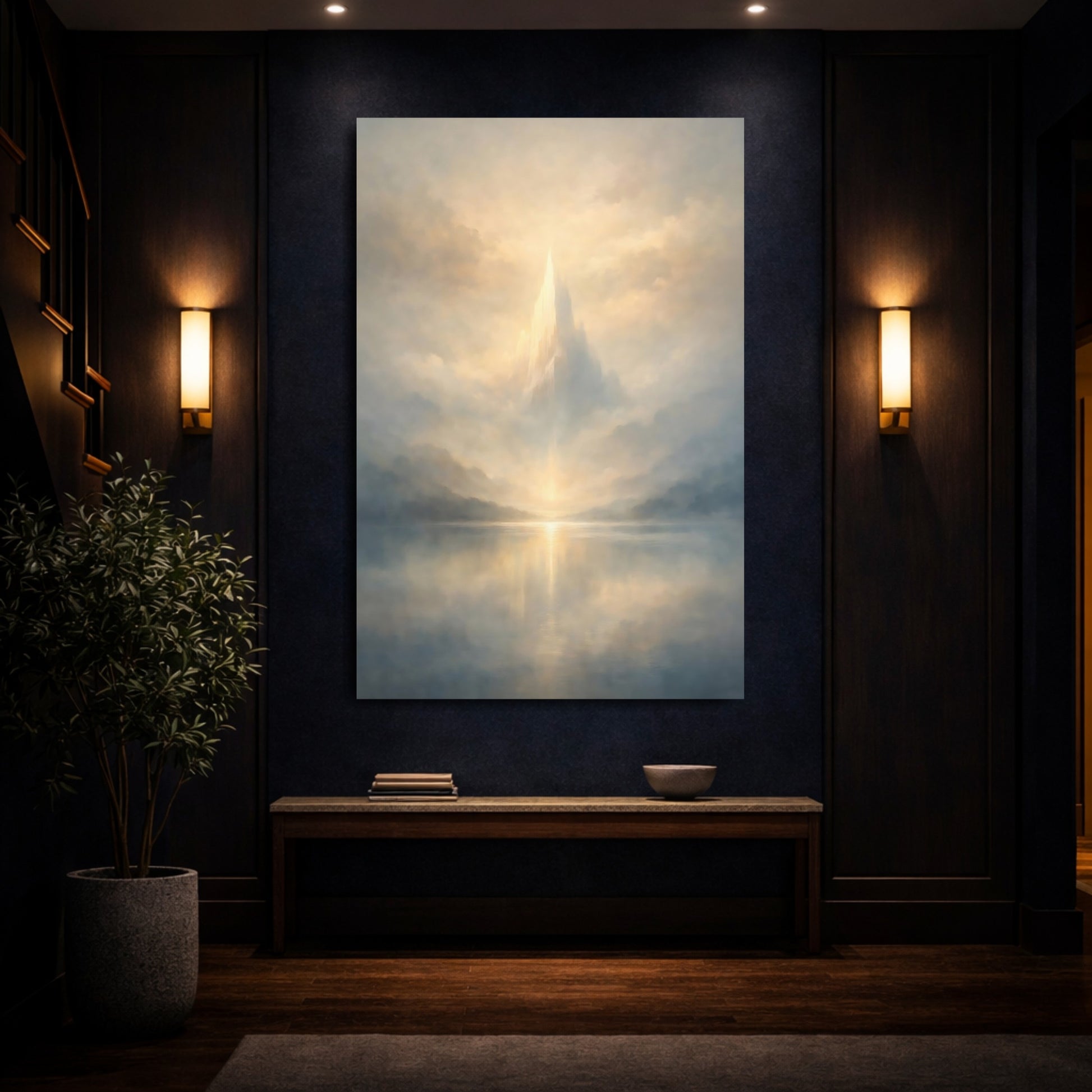Nature Ethereal Mountain Golden Mountain Lake shown as front canvas room wall art