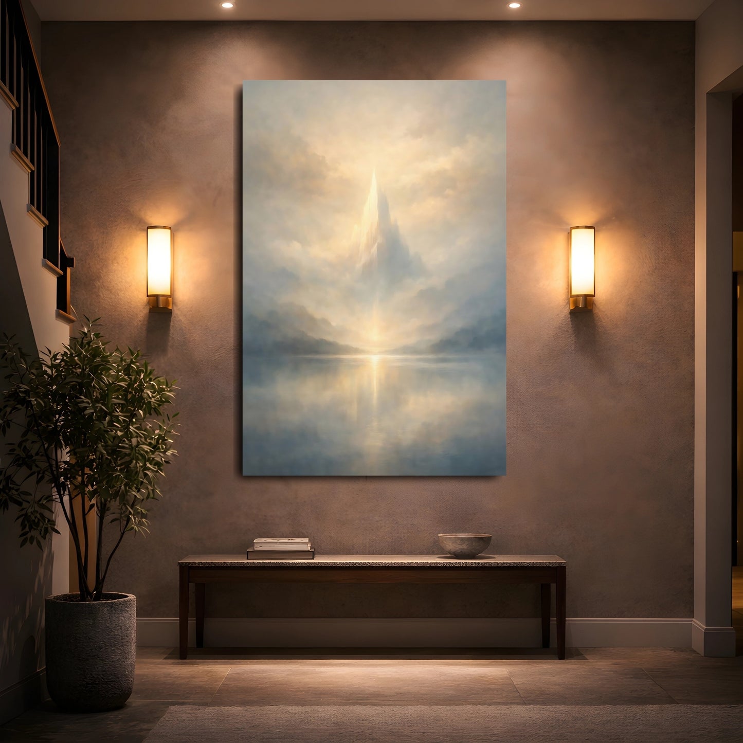 Nature Ethereal Mountain Golden Mountain Lake shown as front canvas room wall art