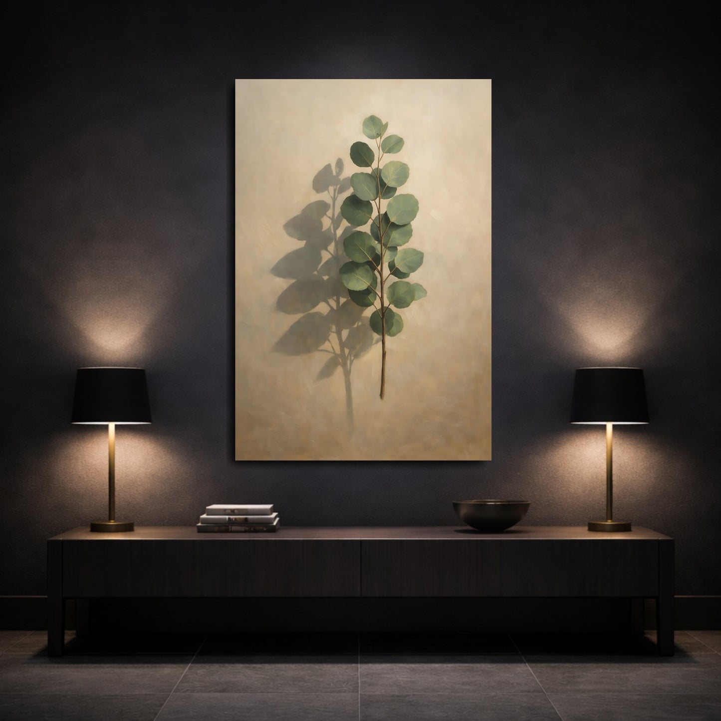 Mockup 2. Nature Eucalyptus Branch Eucalyptus Green shown as stretched canvas wall art
