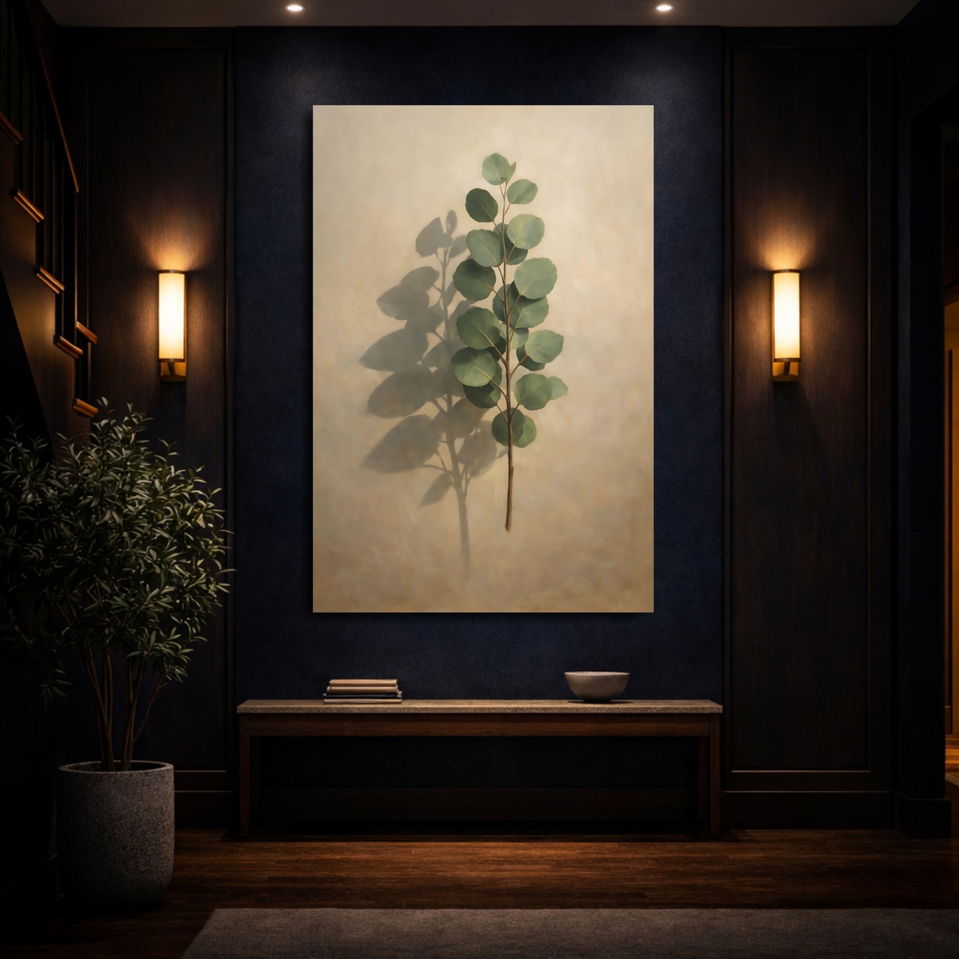 Mockup 3. Nature Eucalyptus Branch Eucalyptus Green shown as stretched canvas wall art