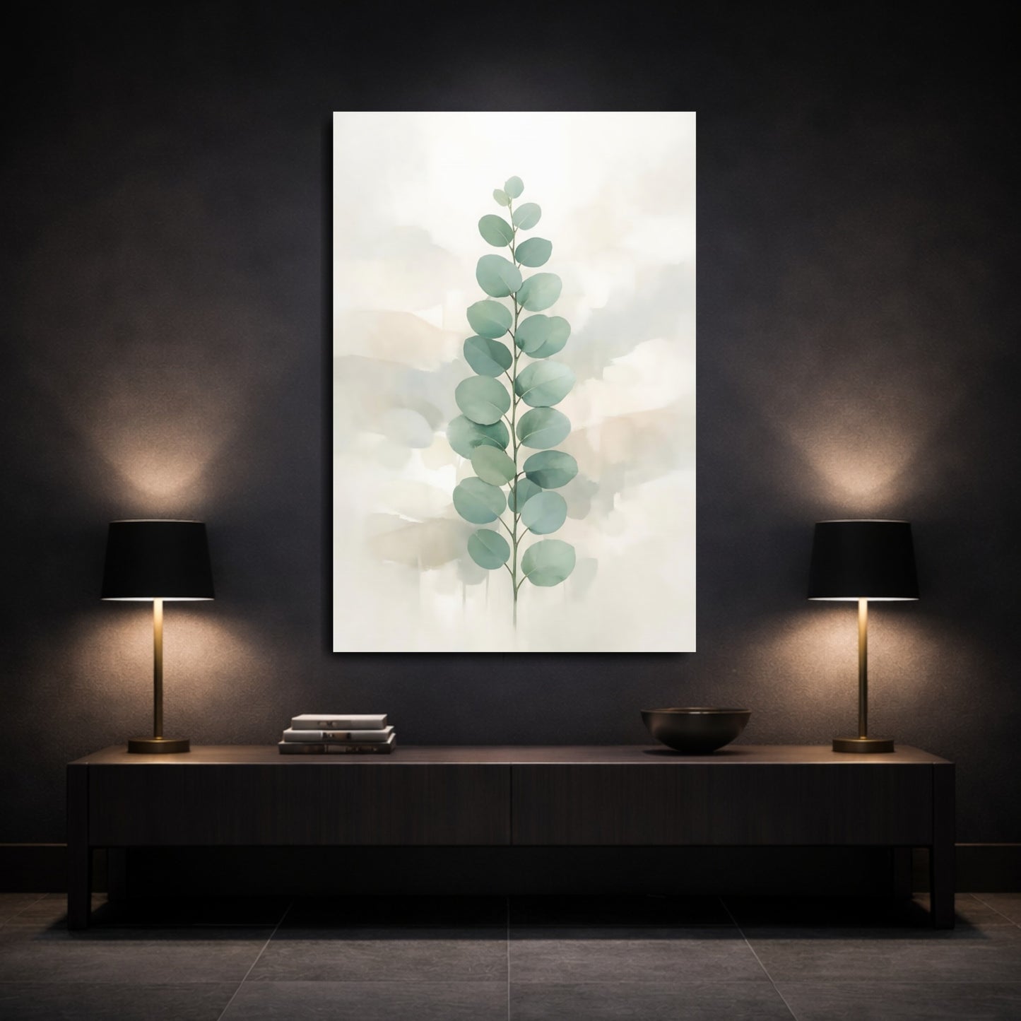 Mockup 2. Nature Eucalyptus Branch Sage Green Eucalyptus shown as stretched canvas wall art