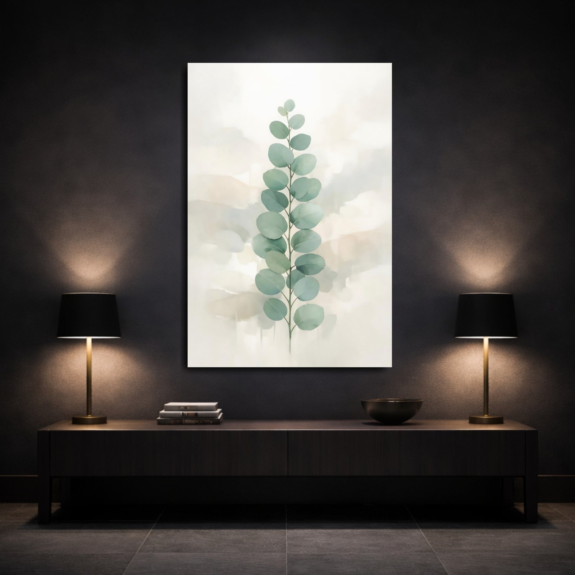 Mockup 2. Nature Eucalyptus Branch Sage Green Eucalyptus shown as stretched canvas wall art