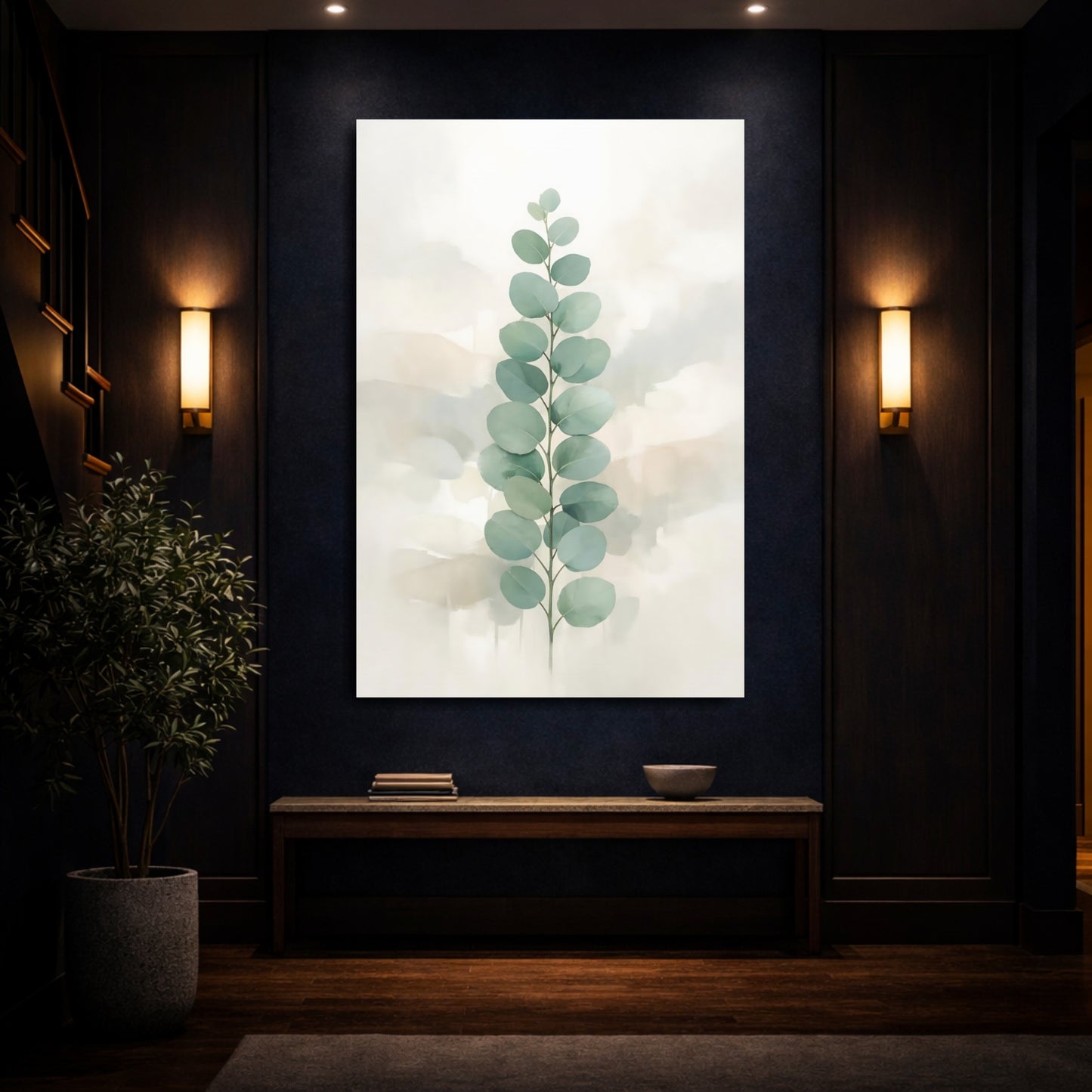 Mockup 3. Nature Eucalyptus Branch Sage Green Eucalyptus shown as stretched canvas wall art
