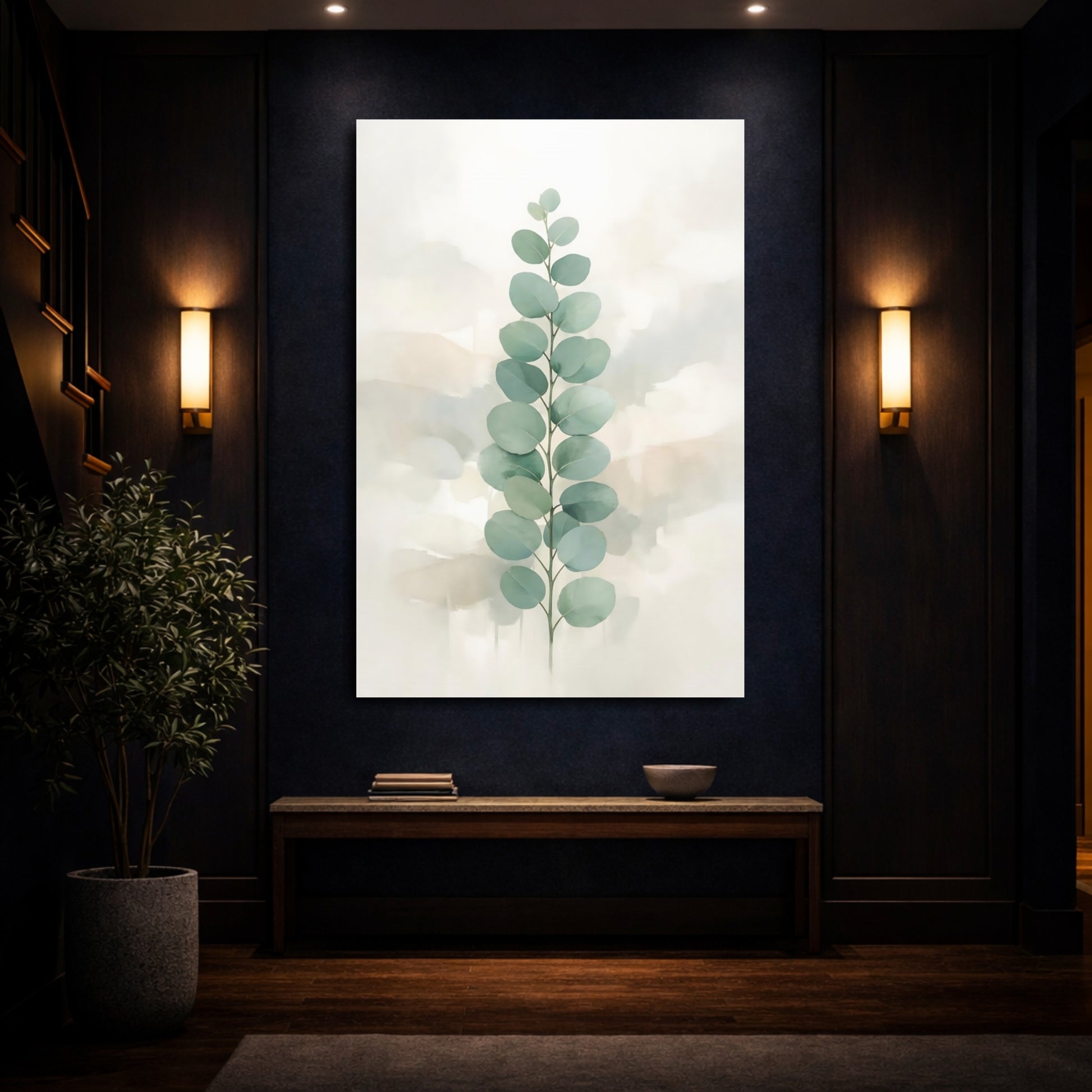 Mockup 3. Nature Eucalyptus Branch Sage Green Eucalyptus shown as stretched canvas wall art