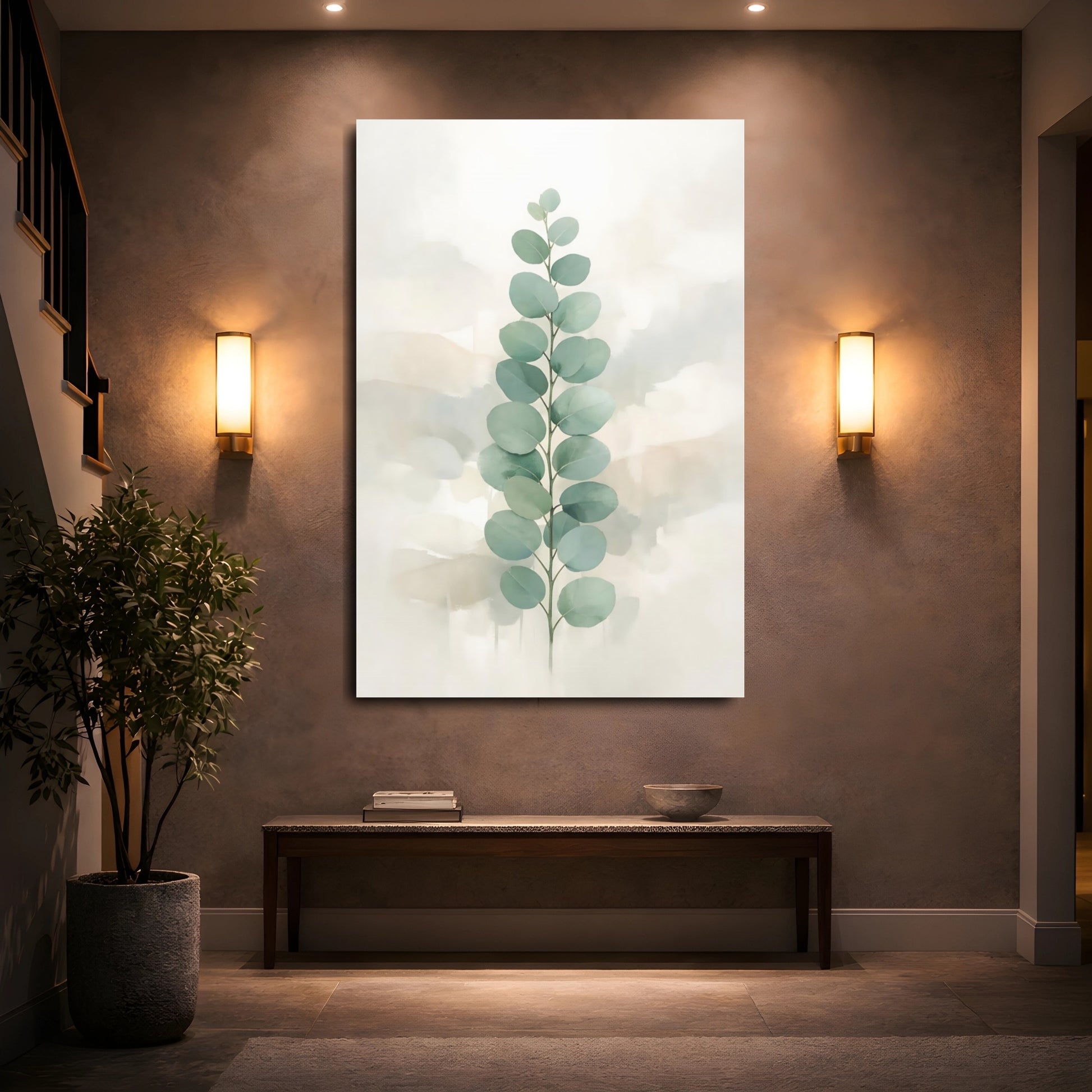 Mockup 4. Nature Eucalyptus Branch Sage Green Eucalyptus shown as stretched canvas wall art