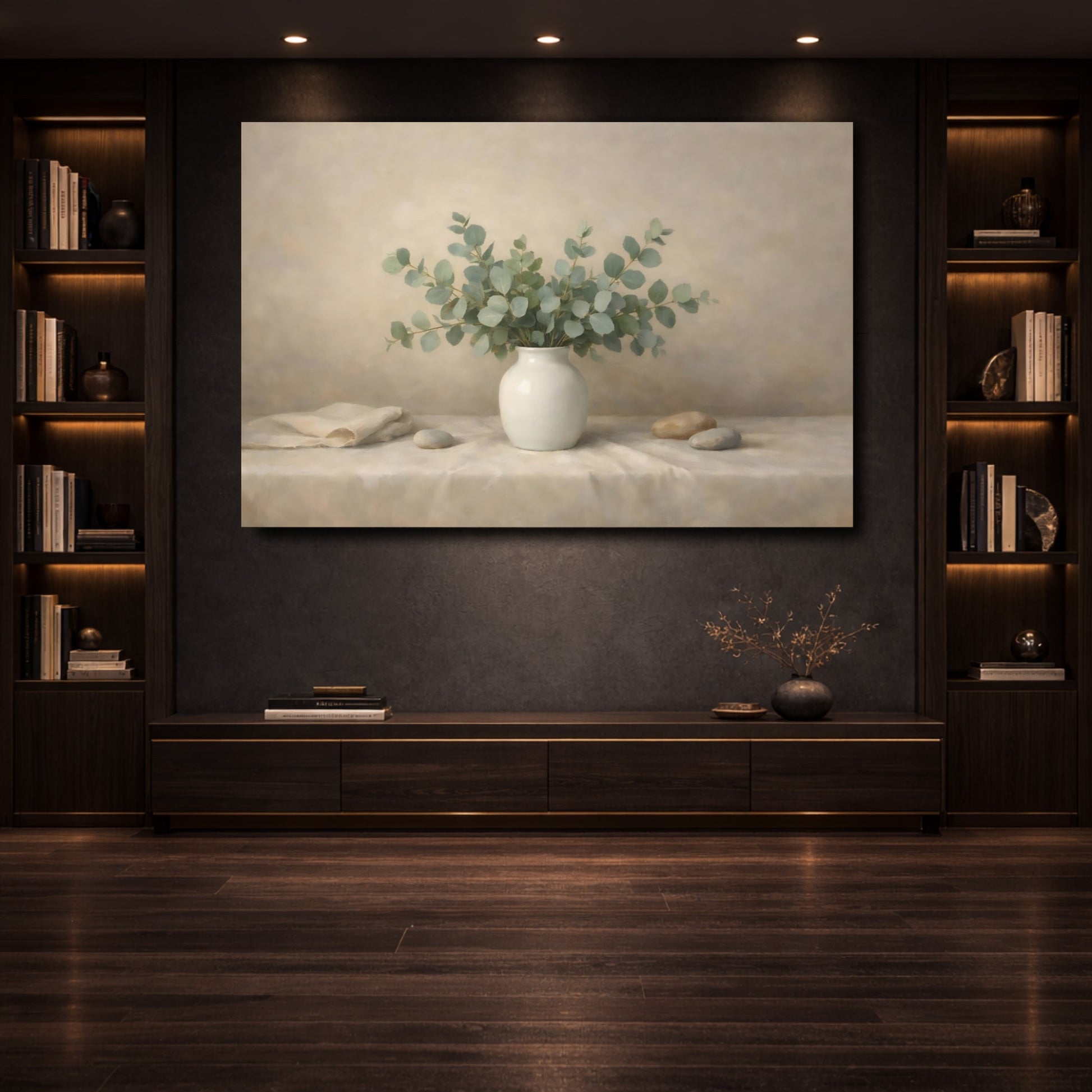 Mockup 3. Nature Eucalyptus Eucalyptus Green Still Life shown as stretched canvas wall art