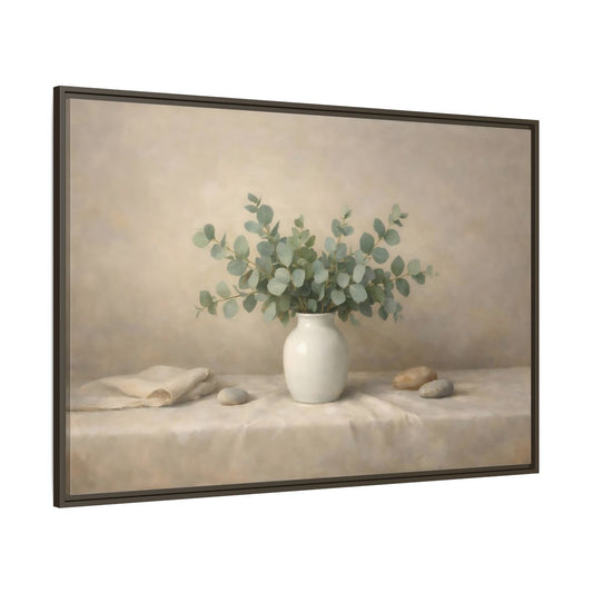 Main Mockup. Nature Eucalyptus Green And Beige shown as stretched canvas wall art