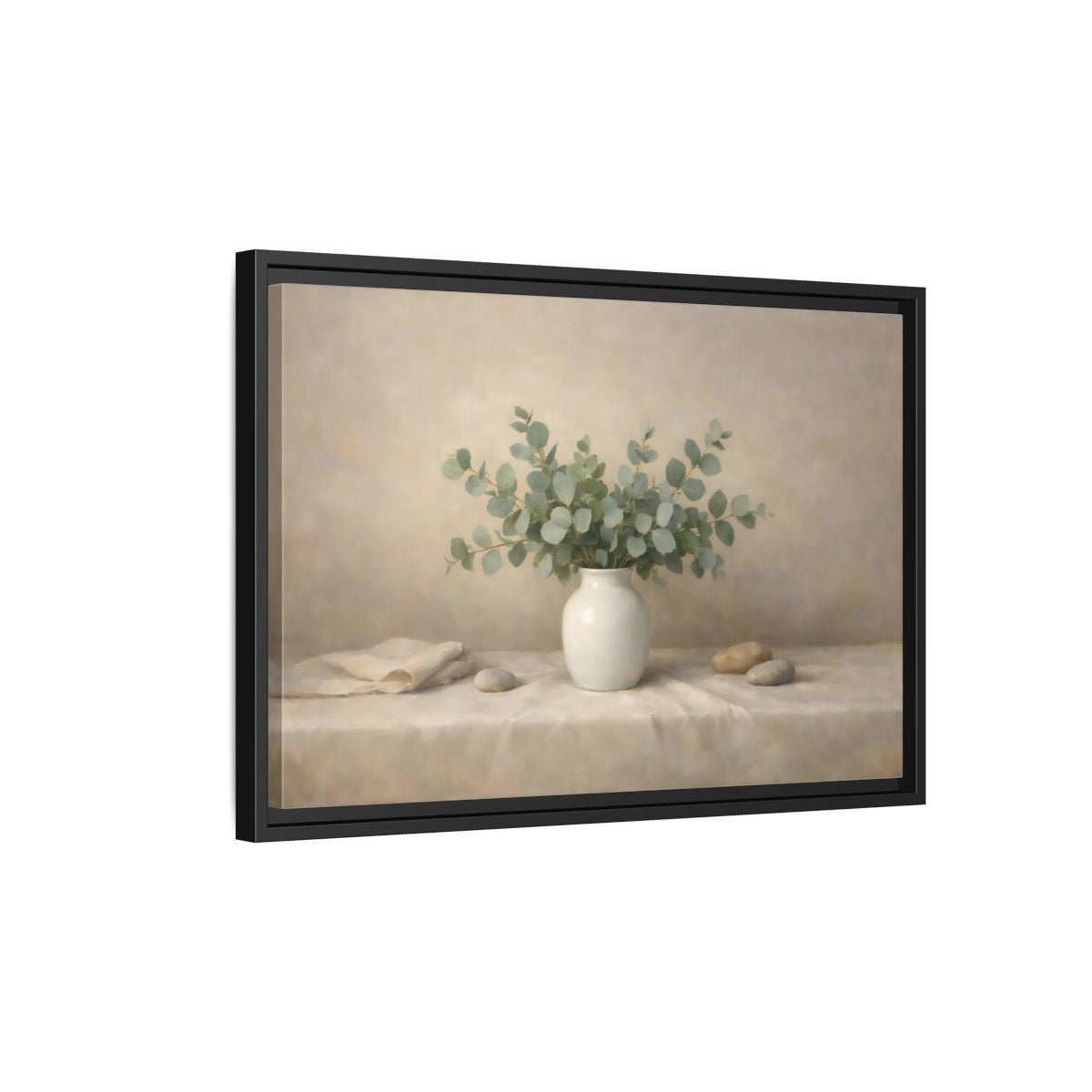 Side Mockup 3. Nature Eucalyptus Green And Beige shown as stretched canvas wall art
