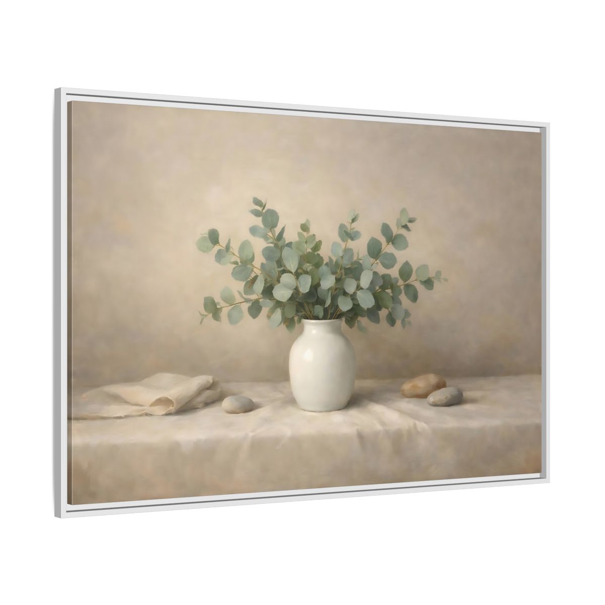 Side Mockup 7. Nature Eucalyptus Green And Beige shown as stretched canvas wall art