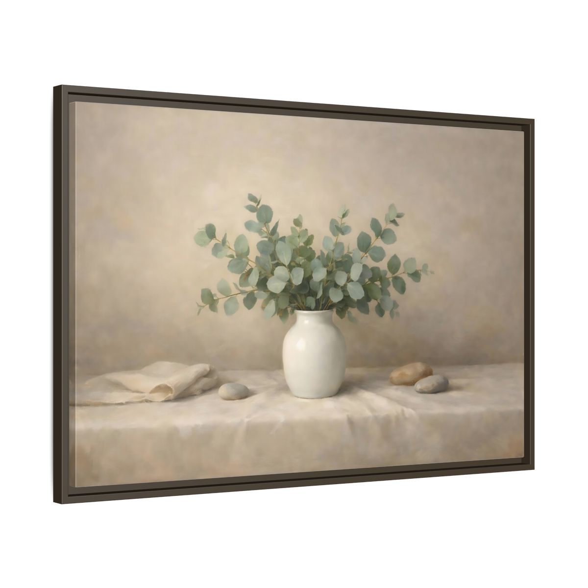 Side Mockup 9. Nature Eucalyptus Green And Beige shown as stretched canvas wall art