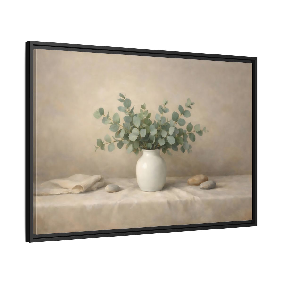 Side Mockup 13. Nature Eucalyptus Green And Beige shown as stretched canvas wall art
