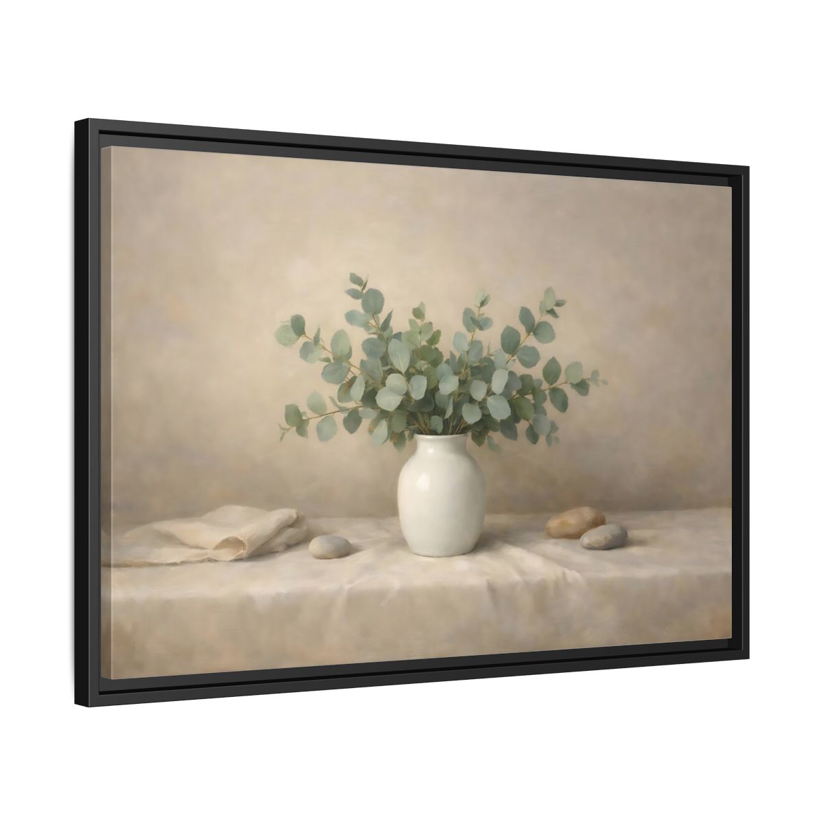 Side Mockup 14. Nature Eucalyptus Green And Beige shown as stretched canvas wall art