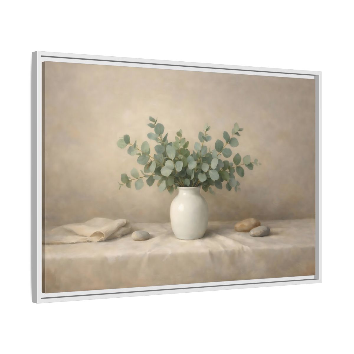 Side Mockup 8. Nature Eucalyptus Green And Beige shown as stretched canvas wall art