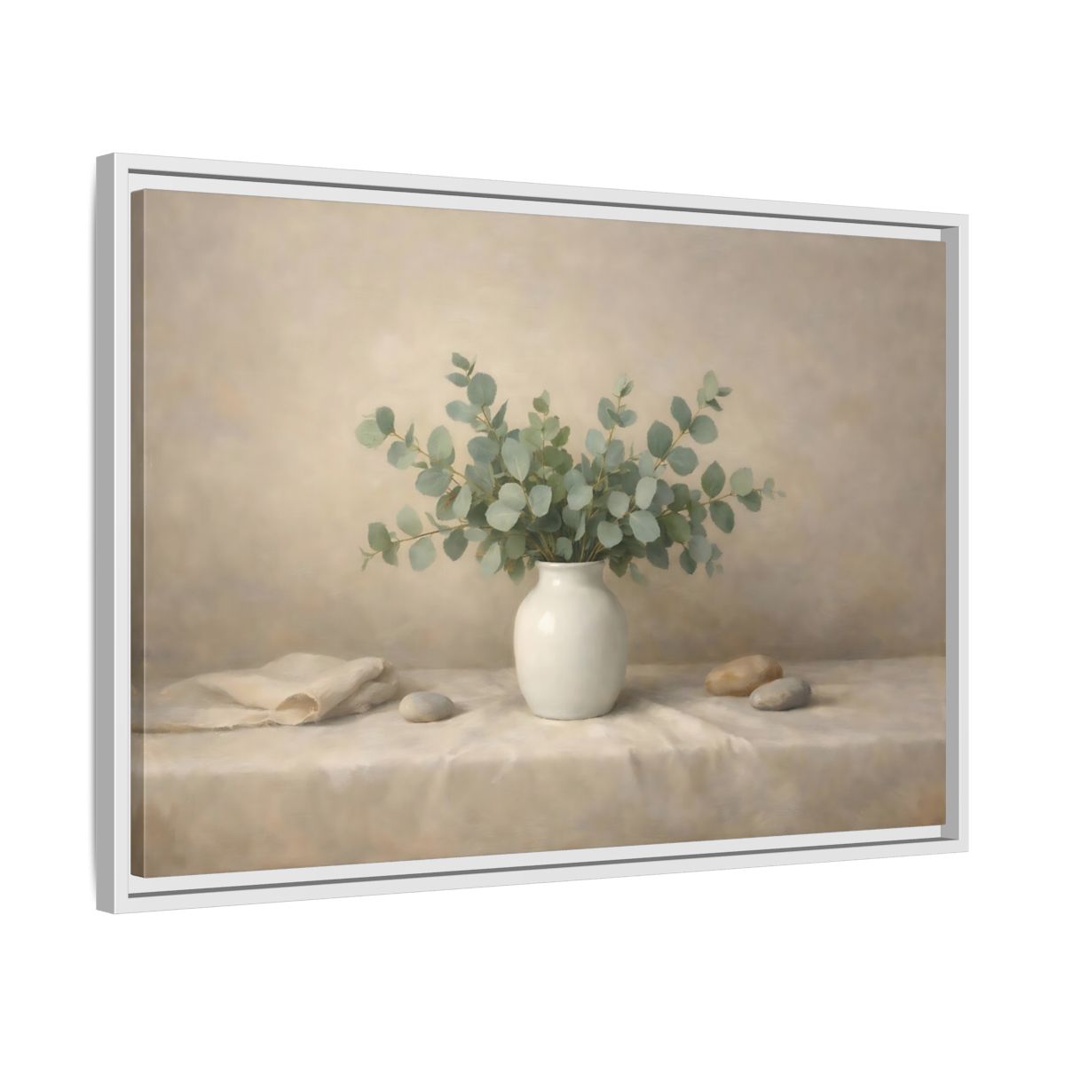 Side Mockup 10. Nature Eucalyptus Green And Beige shown as stretched canvas wall art