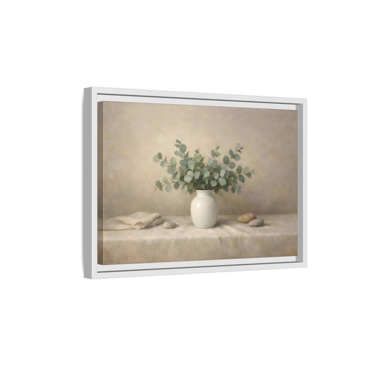 Side Mockup 4. Nature Eucalyptus Green And Beige shown as stretched canvas wall art