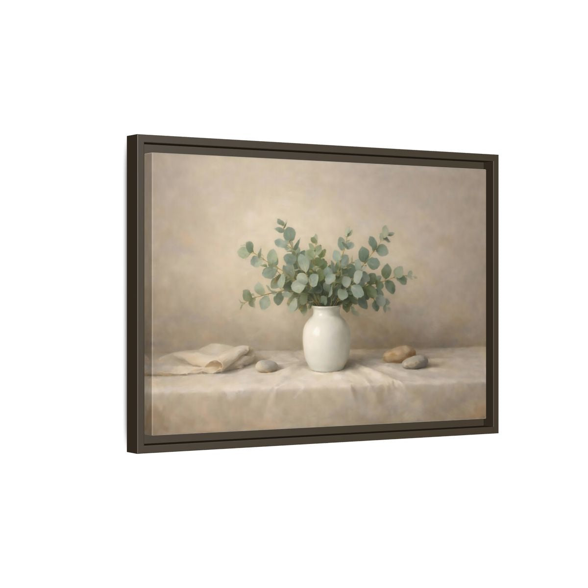 Side Mockup 2. Nature Eucalyptus Green And Beige shown as stretched canvas wall art