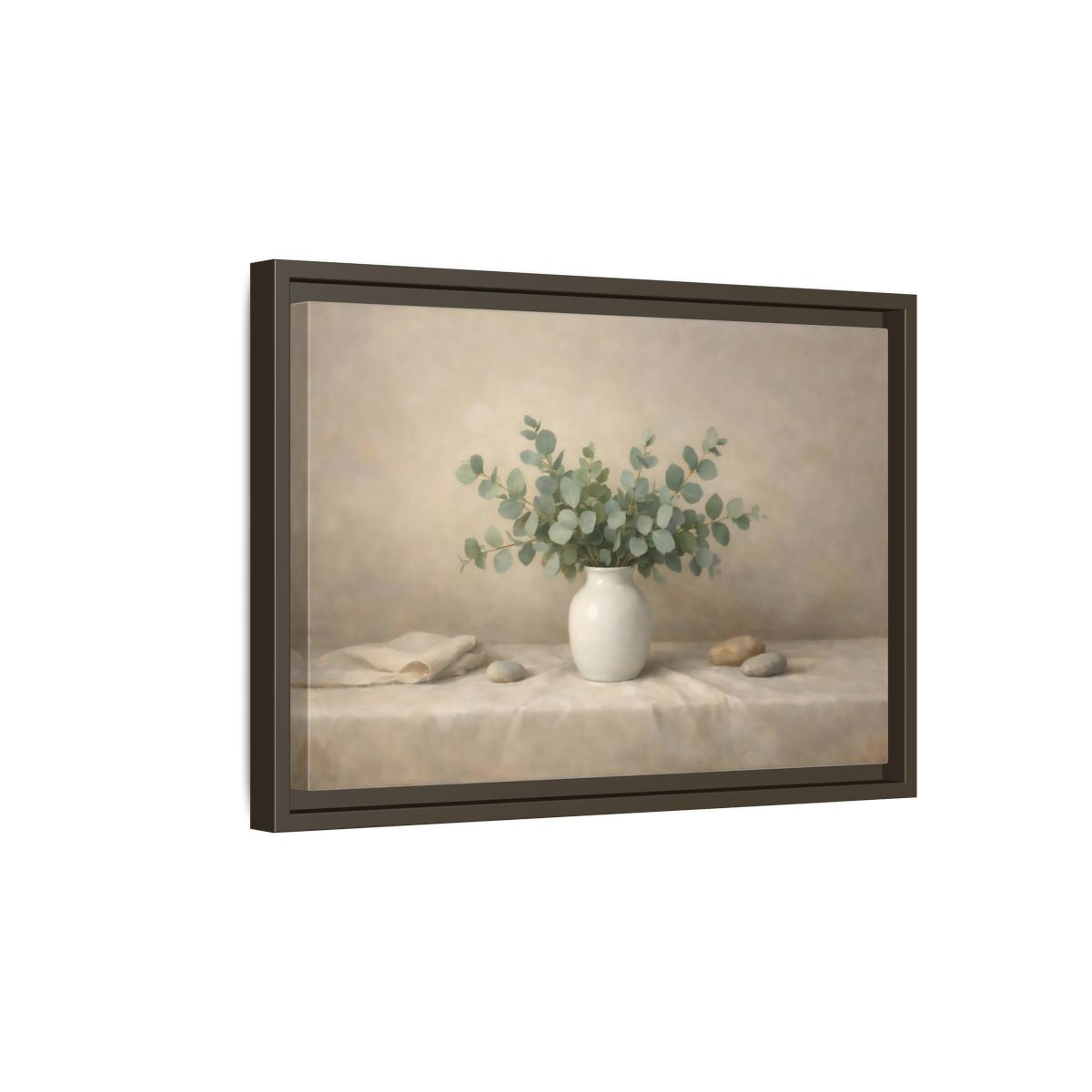 Side Mockup 5. Nature Eucalyptus Green And Beige shown as stretched canvas wall art