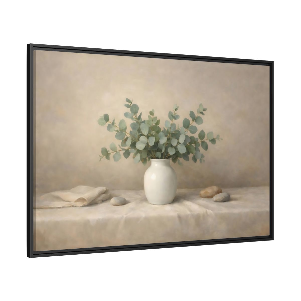 Side Mockup 12. Nature Eucalyptus Green And Beige shown as stretched canvas wall art