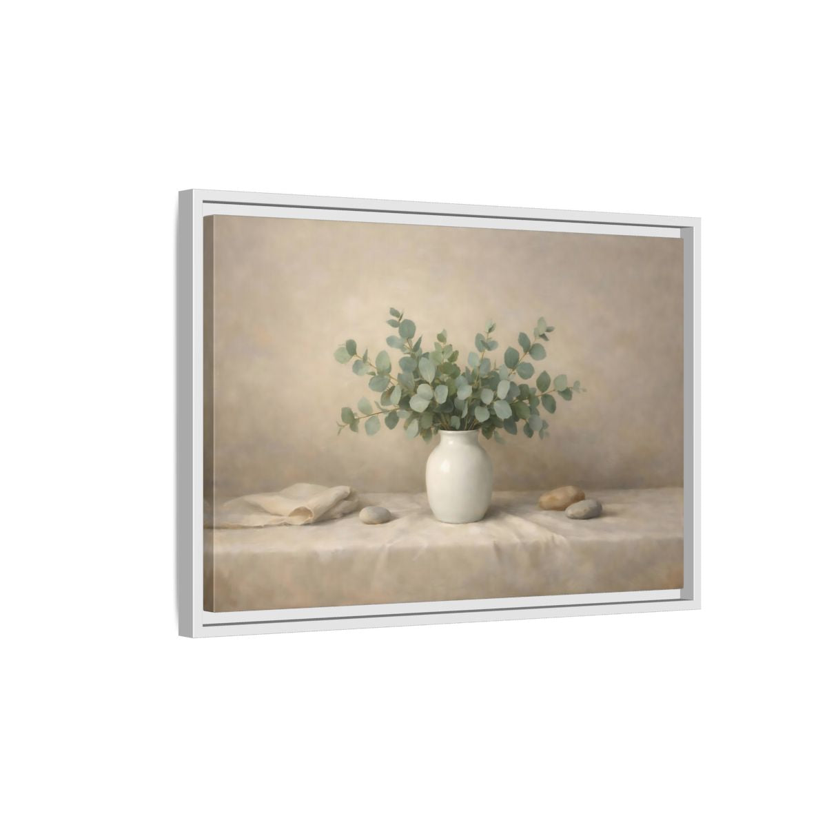 Side Mockup 1. Nature Eucalyptus Green And Beige shown as stretched canvas wall art