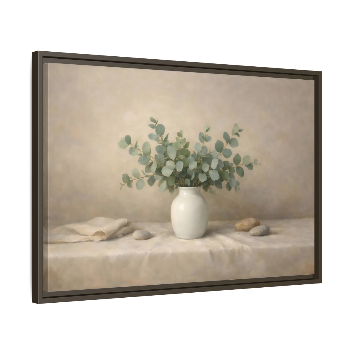 Side Mockup 11. Nature Eucalyptus Green And Beige shown as stretched canvas wall art