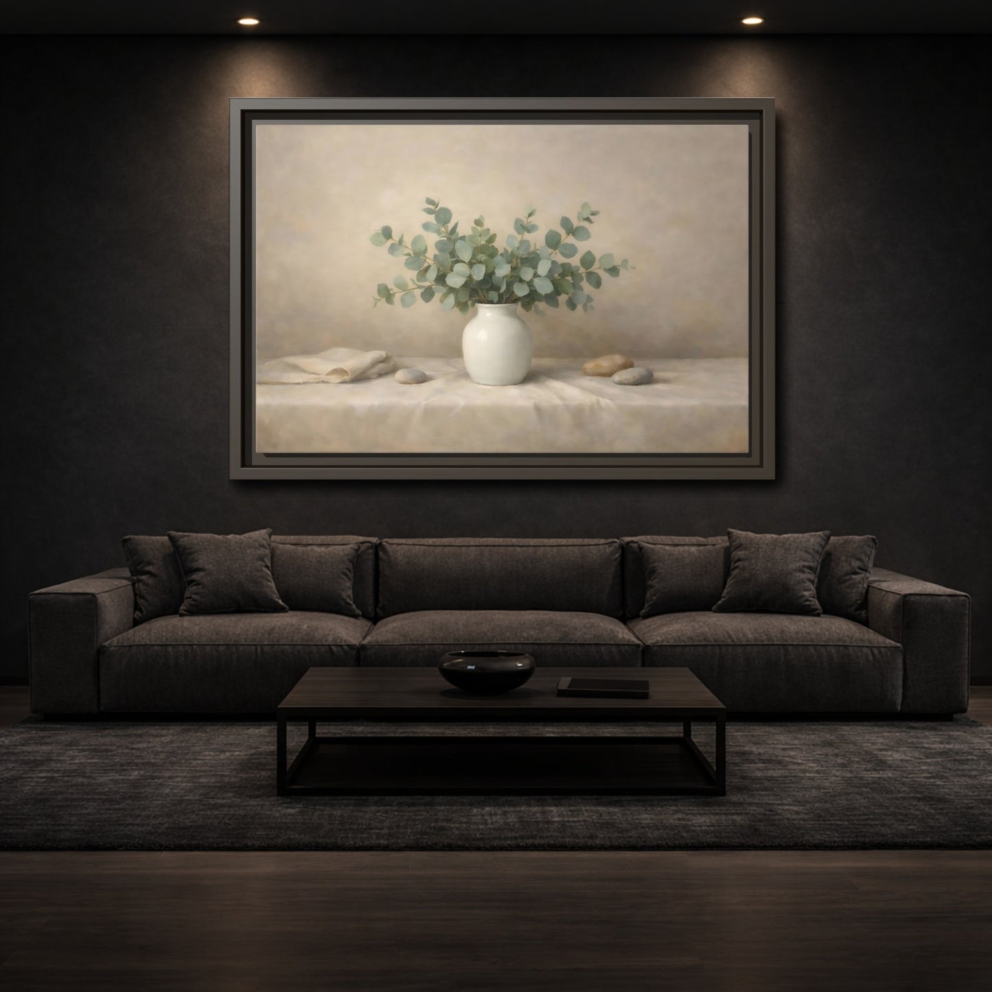 Mockup 2. Nature Eucalyptus Green And Beige shown as stretched canvas wall art