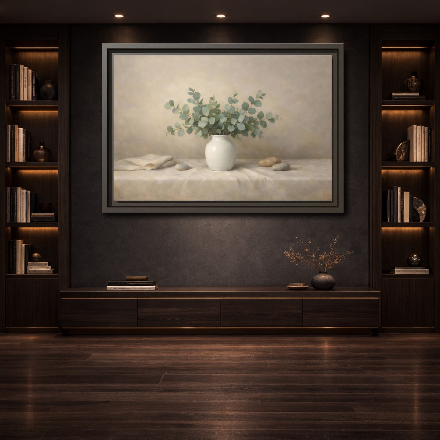 Mockup 3. Nature Eucalyptus Green And Beige shown as stretched canvas wall art