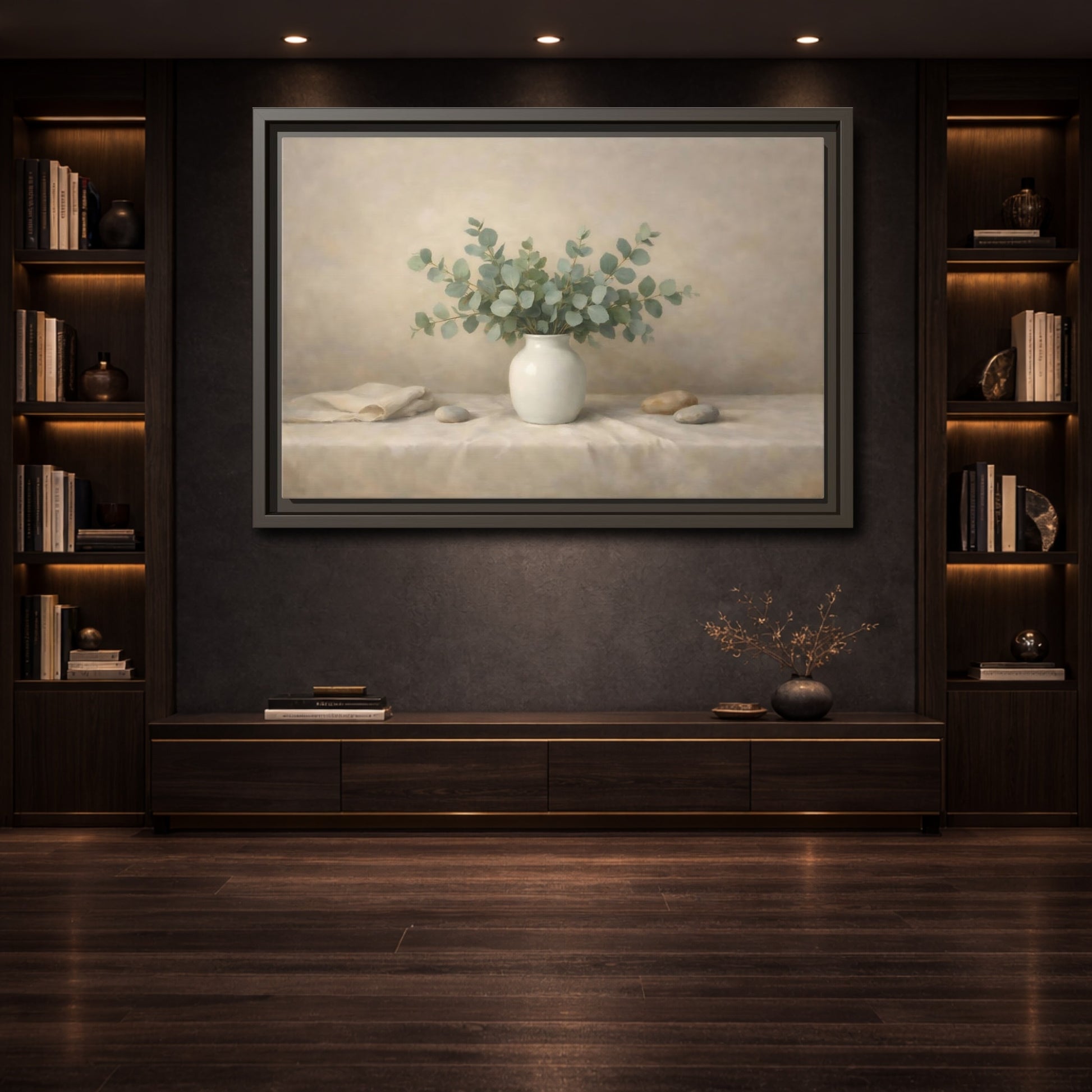 Mockup 3. Nature Eucalyptus Green And Beige shown as stretched canvas wall art
