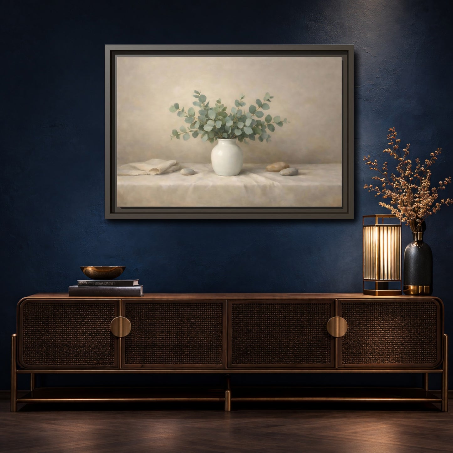 Mockup 4. Nature Eucalyptus Green And Beige shown as stretched canvas wall art
