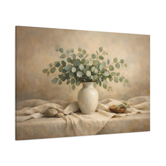 Main Mockup. Nature Eucalyptus Green And Beige Still Life shown as stretched canvas wall art