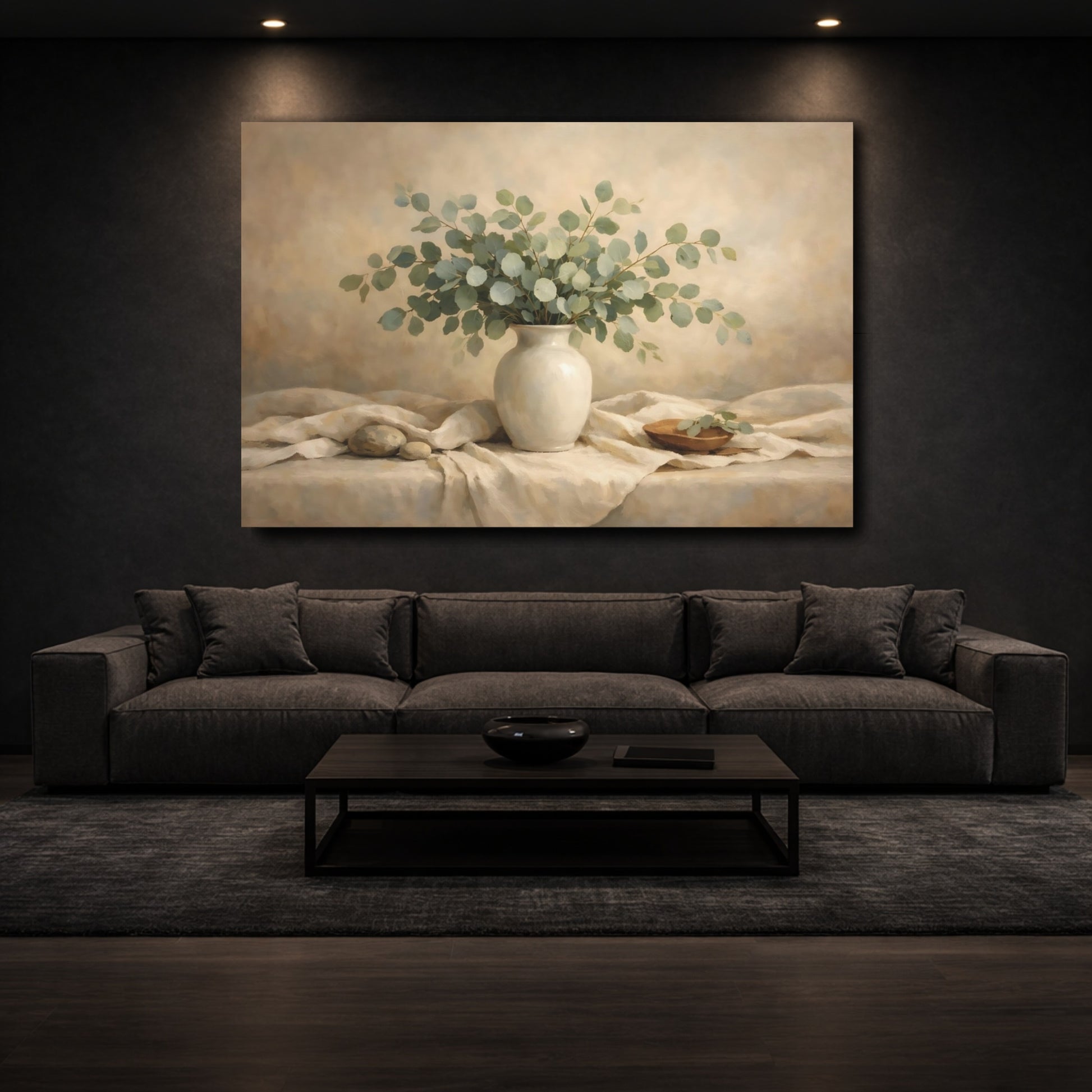 Mockup 2. Nature Eucalyptus Green And Beige Still Life shown as stretched canvas wall art