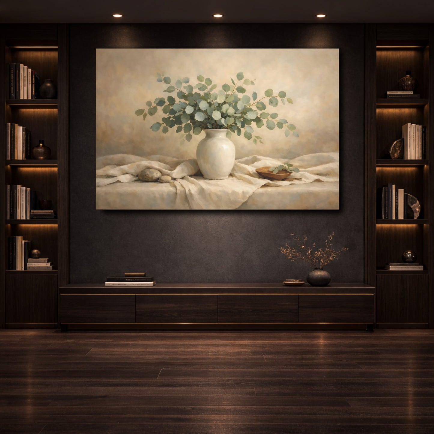 Mockup 3. Nature Eucalyptus Green And Beige Still Life shown as stretched canvas wall art