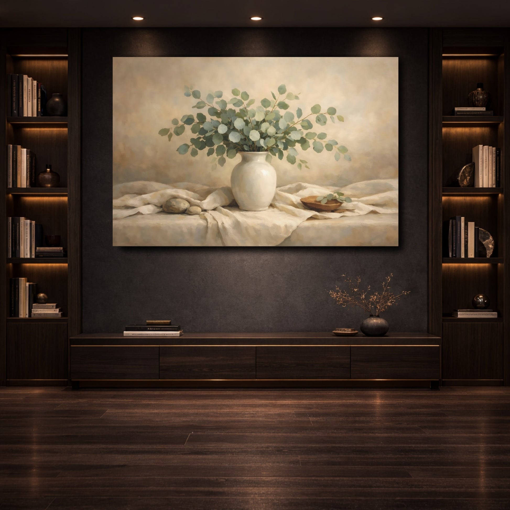 Mockup 3. Nature Eucalyptus Green And Beige Still Life shown as stretched canvas wall art