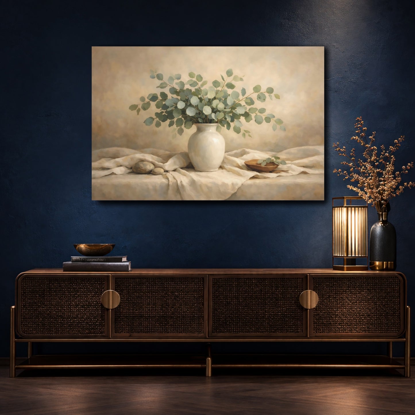 Mockup 4. Nature Eucalyptus Green And Beige Still Life shown as stretched canvas wall art
