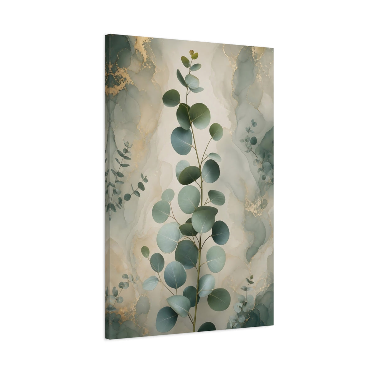 Main Mockup. Nature Eucalyptus Leaves Green And Gold shown as stretched canvas wall art