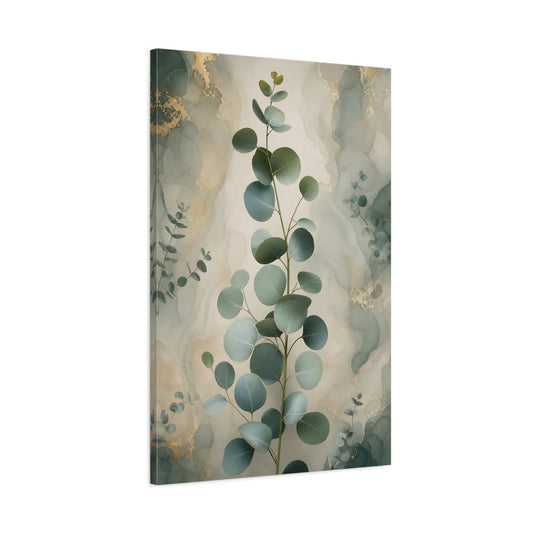 Main Mockup. Nature Eucalyptus Leaves Green And Gold shown as stretched canvas wall art
