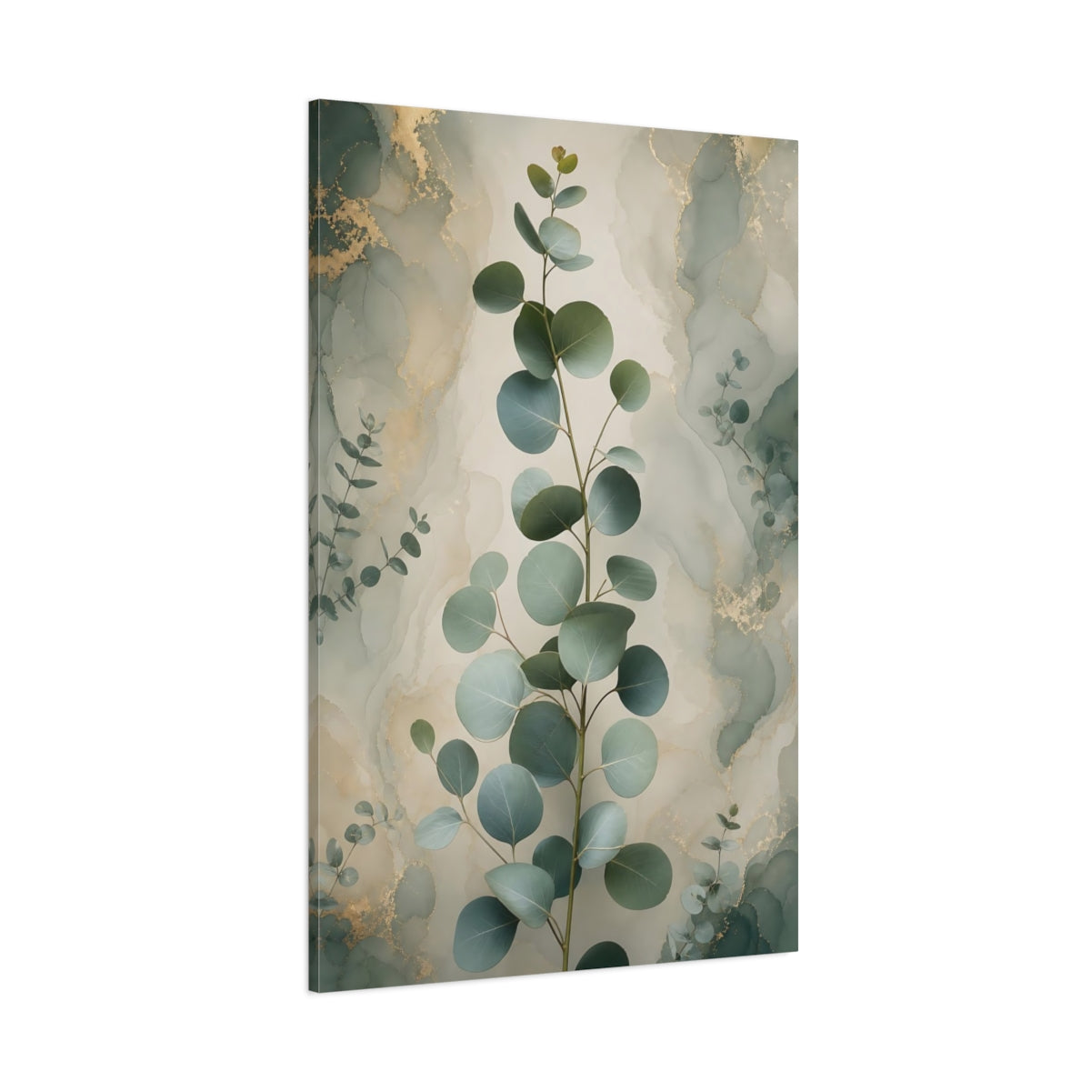 Side Mockup 1. Nature Eucalyptus Leaves Green And Gold shown as stretched canvas wall art