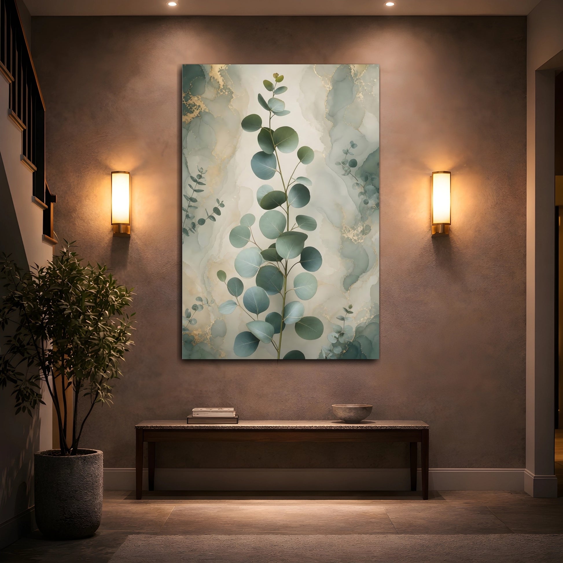 Mockup 2. Nature Eucalyptus Leaves Green And Gold shown as stretched canvas wall art