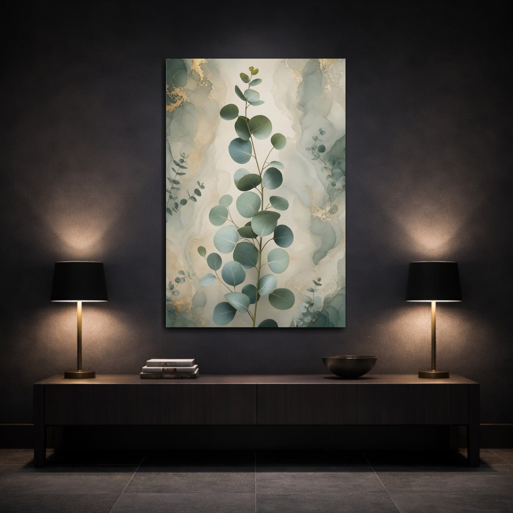 Mockup 3. Nature Eucalyptus Leaves Green And Gold shown as stretched canvas wall art
