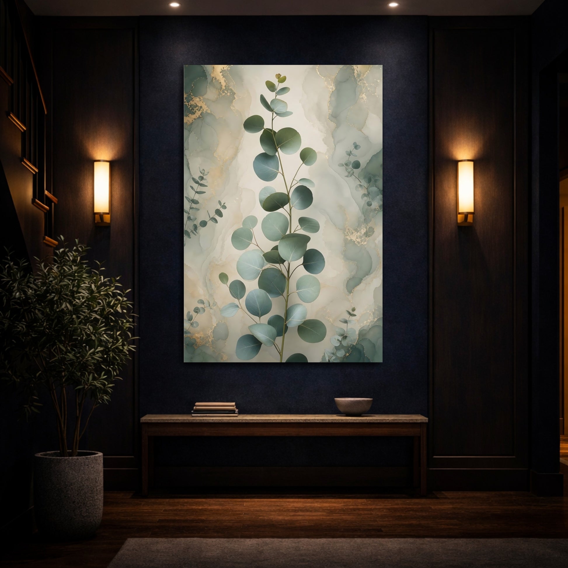 Mockup 4. Nature Eucalyptus Leaves Green And Gold shown as stretched canvas wall art