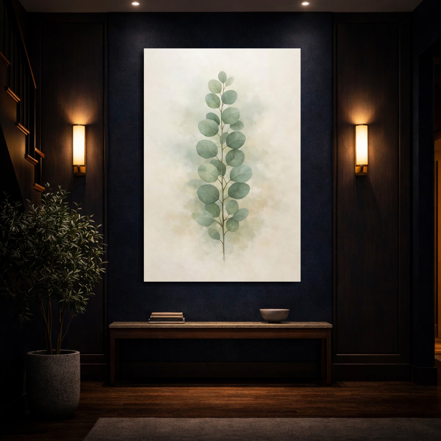 Nature Eucalyptus Leaves Green Botanical shown as front canvas room wall art