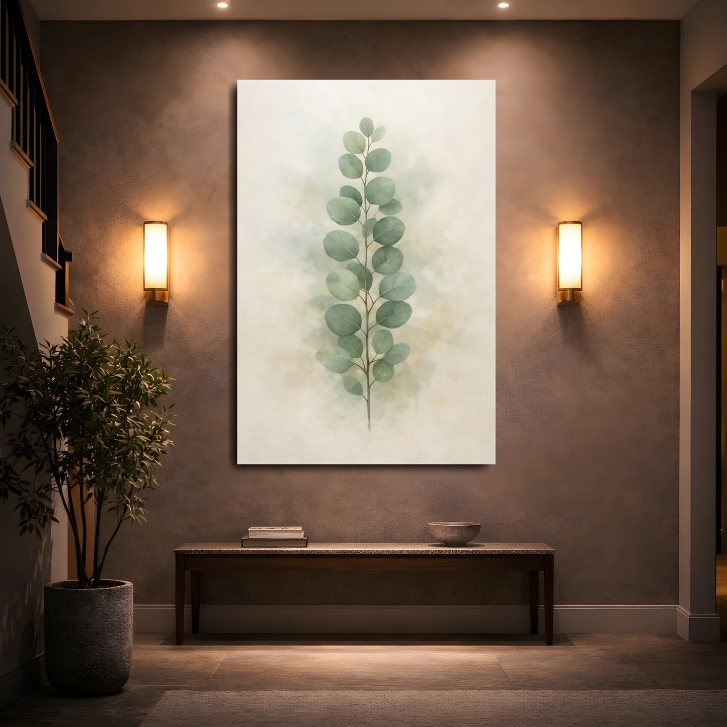 Nature Eucalyptus Leaves Green Botanical shown as front canvas room wall art