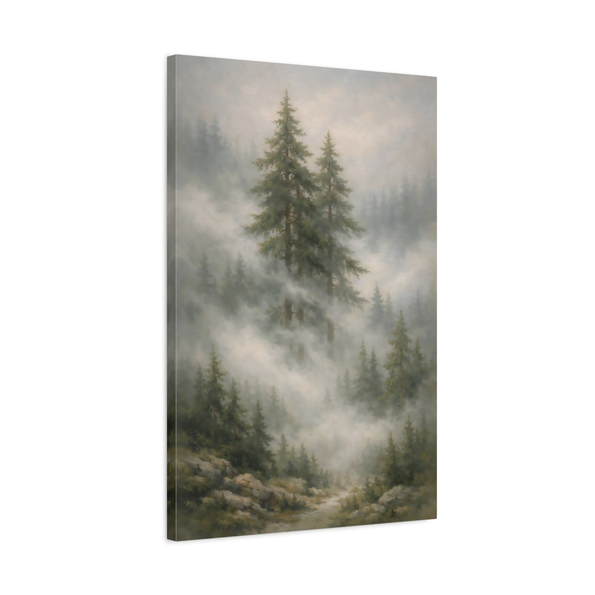 Side Mockup 2. Nature Evergreen Trees Misty Forest Landscape shown as stretched canvas wall art