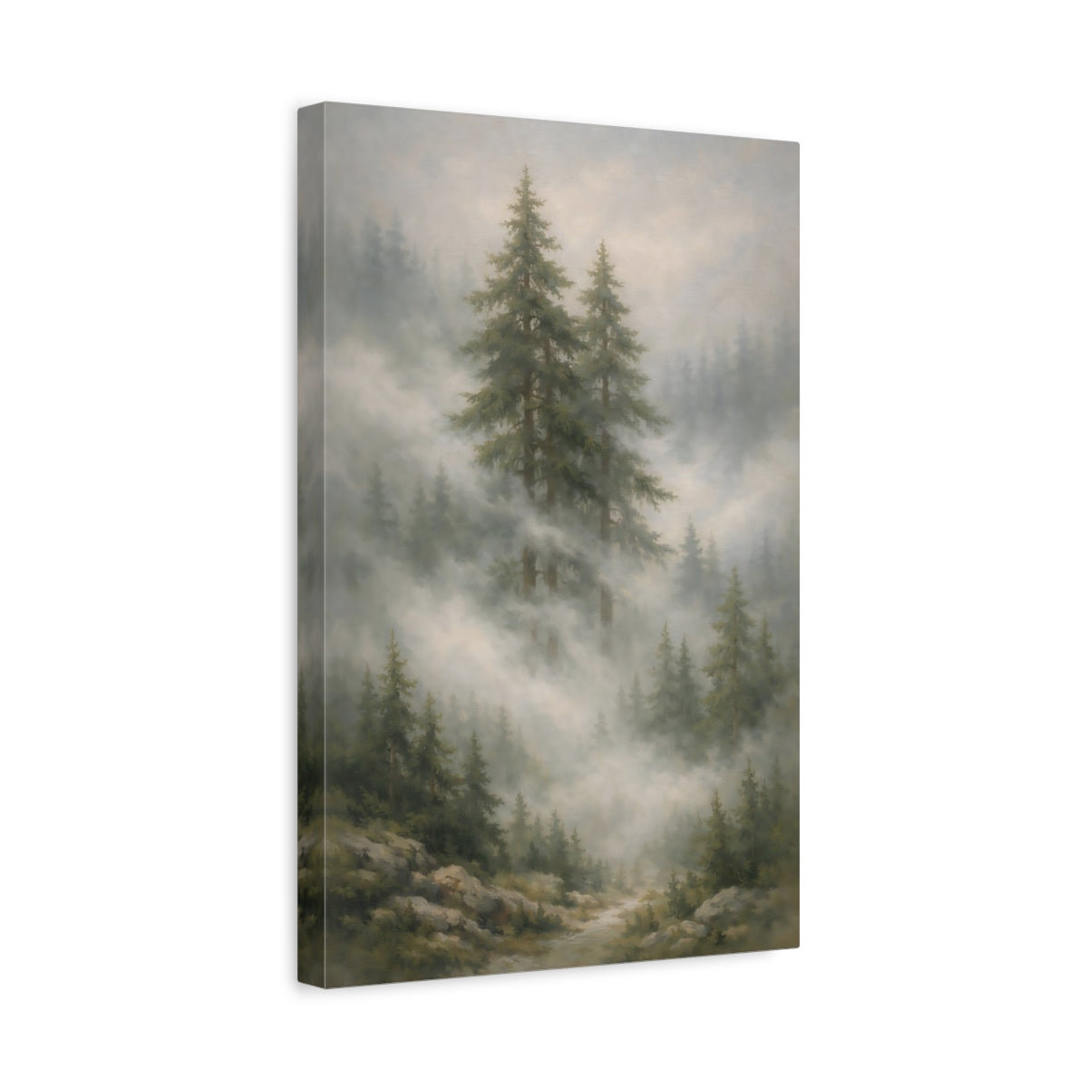 Side Mockup 4. Nature Evergreen Trees Misty Forest Landscape shown as stretched canvas wall art