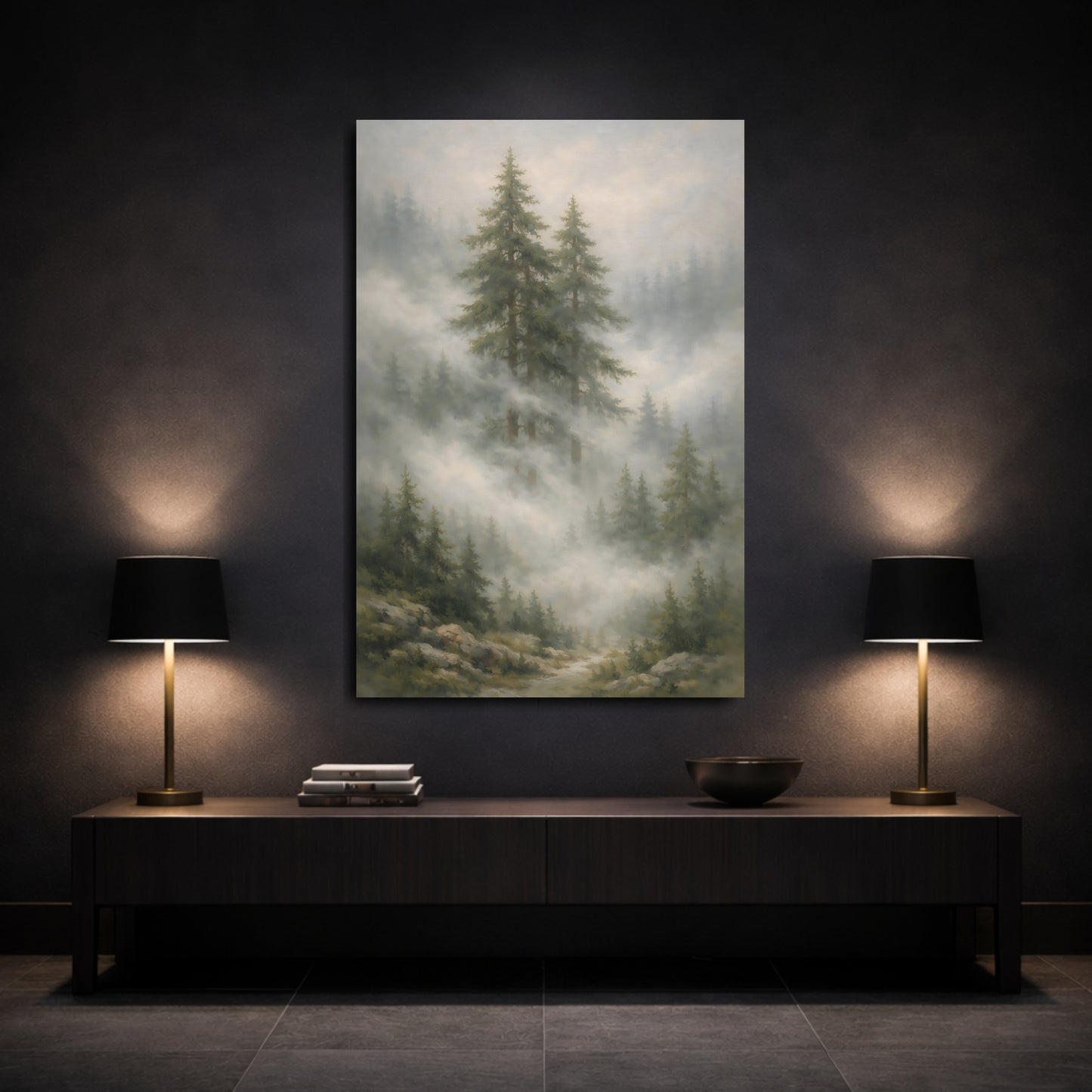 Mockup 2. Nature Evergreen Trees Misty Forest Landscape shown as stretched canvas wall art