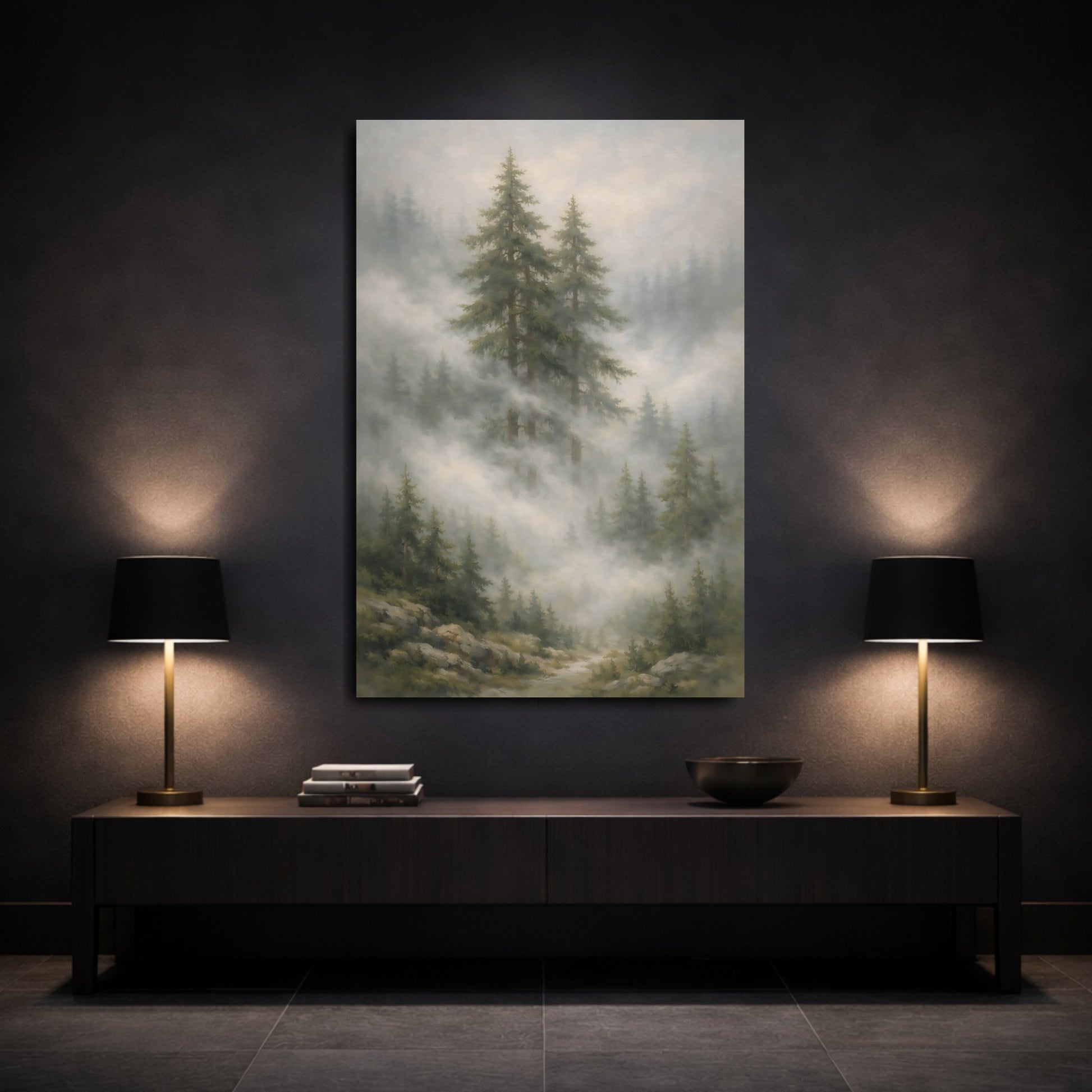 Mockup 2. Nature Evergreen Trees Misty Forest Landscape shown as stretched canvas wall art