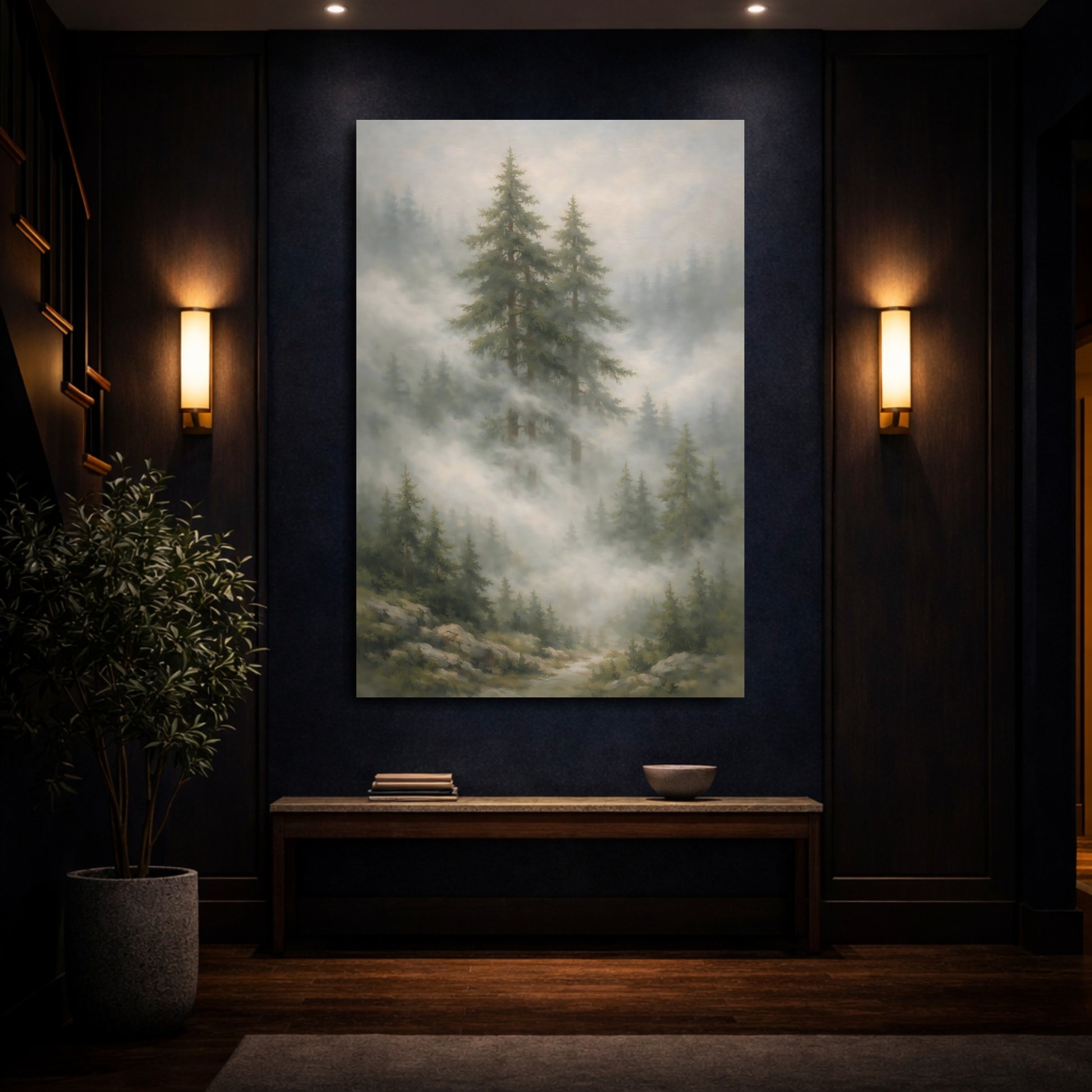 Mockup 3. Nature Evergreen Trees Misty Forest Landscape shown as stretched canvas wall art