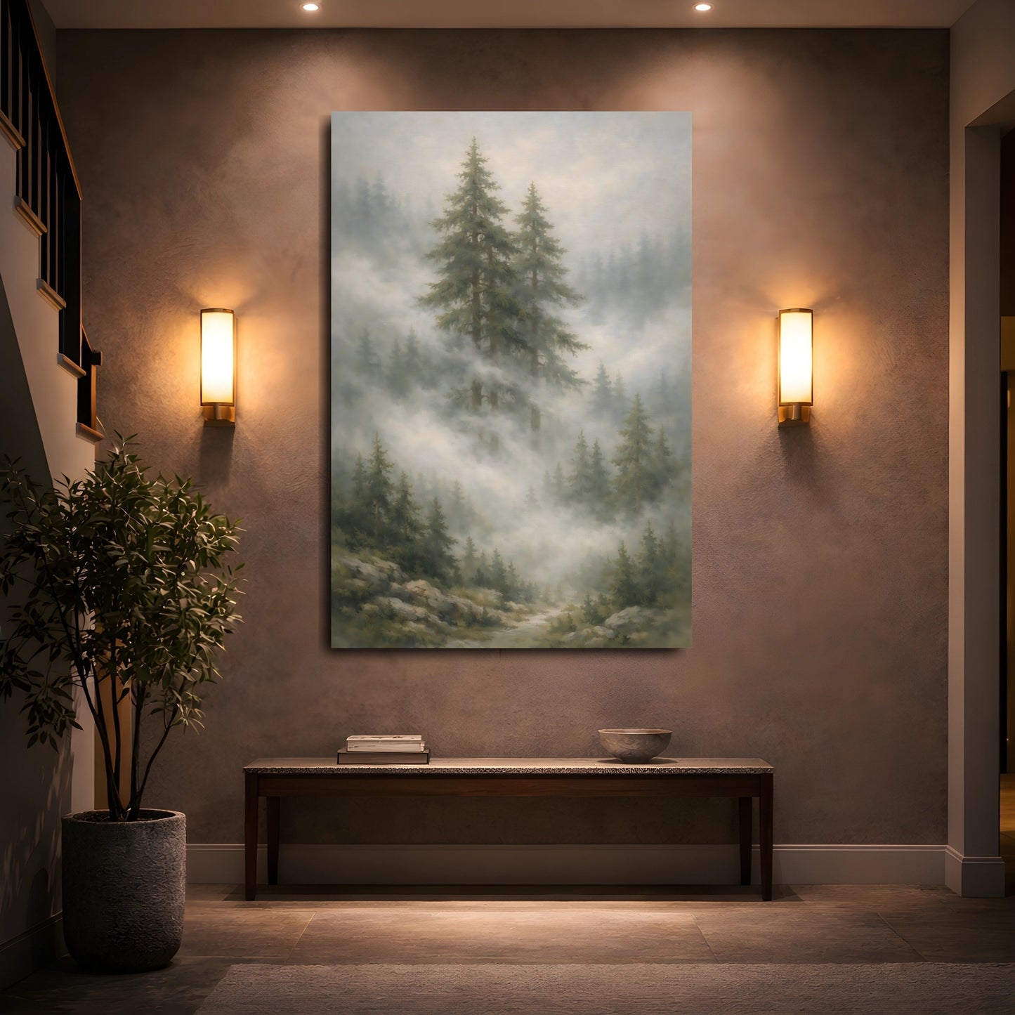 Mockup 4. Nature Evergreen Trees Misty Forest Landscape shown as stretched canvas wall art