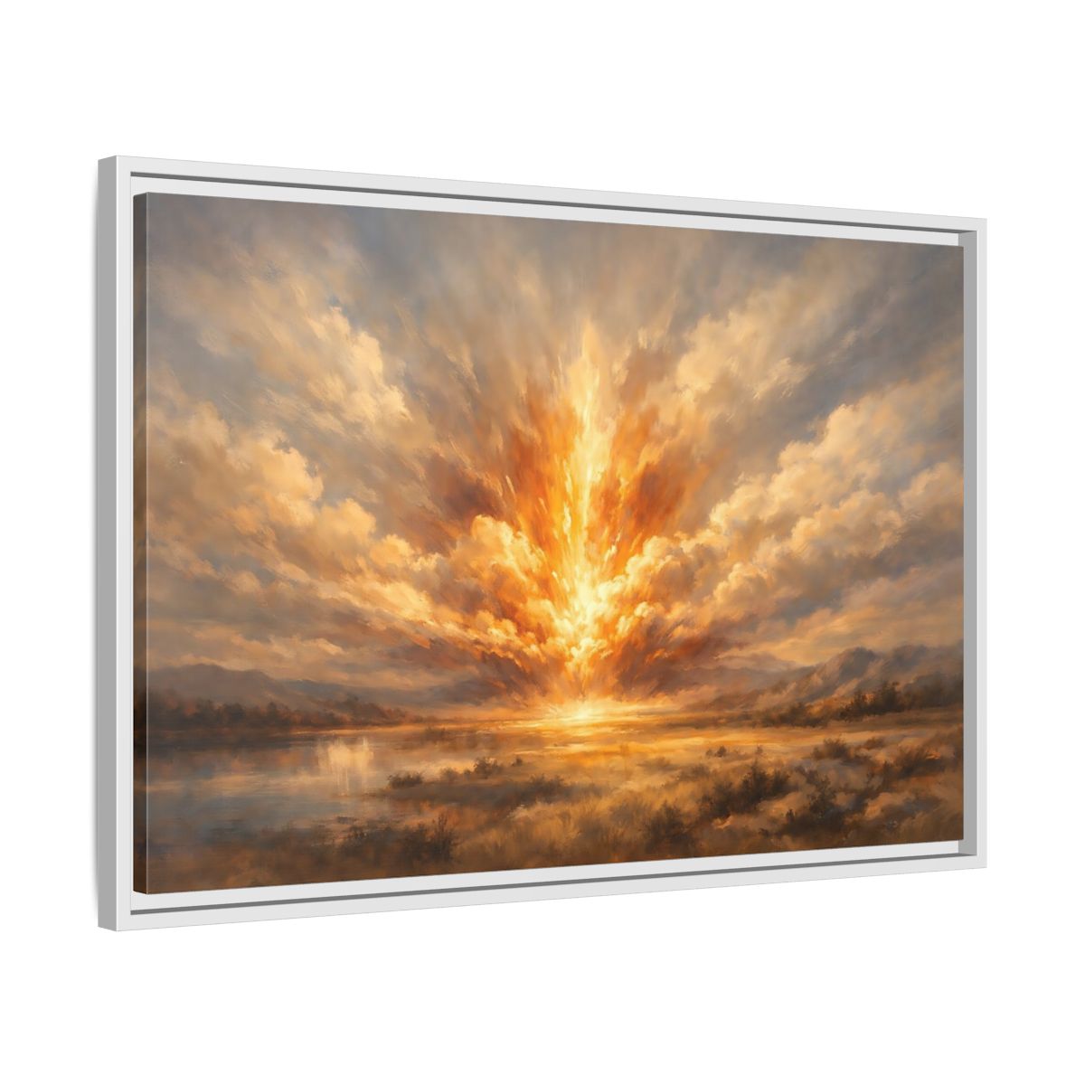 Side Mockup 10. Nature Explosive Sky Golden Landscape shown as stretched canvas wall art